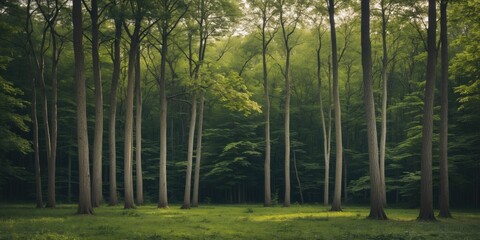 Obraz premium Lush Summer Forest with Tall Trees and Clear Copy Space for Text Ideal for Nature Backgrounds or Design Projects