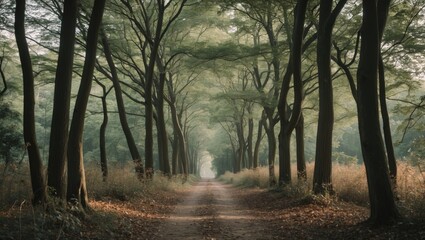 Obraz premium Tranquil Forest Pathway Surrounded by Lush Green Trees with Ample Space for Text and Scenic Natural Beauty in Soft Morning Light