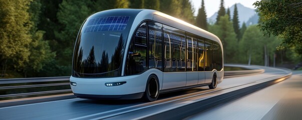 A futuristic bus glides along a scenic road, surrounded by lush greenery and mountains, showcasing advanced design and eco-friendly technology.