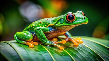 Naklejka premium Green Dotted Treefrog on Leaf in Colombian Andes Garden