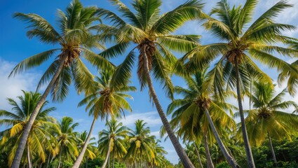 Tropical Paradise with Lush Palm Coconut Trees Under Clear Blue Sky in Scenic Landscape