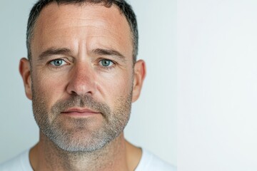 Fototapeta premium Captivating portrait of a thoughtful man studio photography neutral background close-up personal reflection