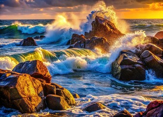 Fototapeta premium Ocean Rocks: Dramatic Coastal Scene with Rugged Cliffs and Waves