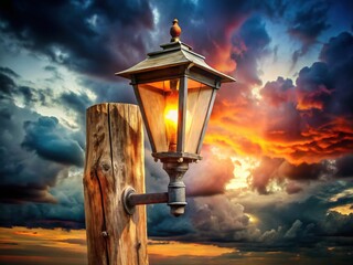 Retro Wooden Streetlight Cloudy Sky Day Vintage Lamppost Stock Photo