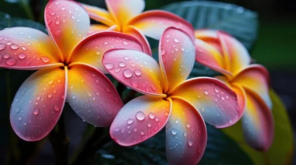 Selbstklebende Fototapeten Dew-kissed plumeria blossoms in soft pastel hues and gentle illumination © EnbeAi