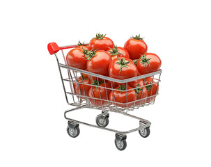 Red ripe tomatoes in a shopping cart isolated, PNG