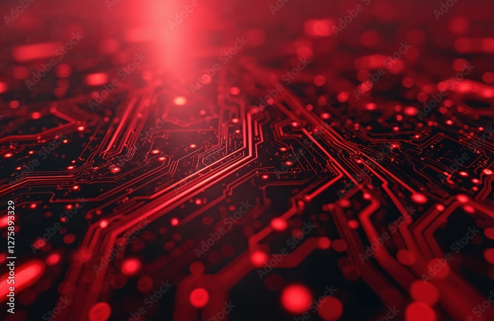 Fototapete Red circuit board background features tech design. Digital illustration shows visual graphic, high tech element, futuristic electronic network and datum connections. Cyber technically abstract art.