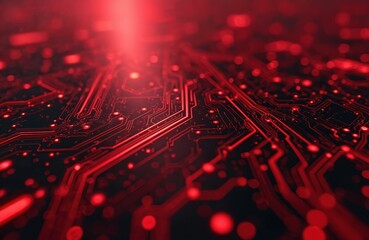 Red circuit board background features tech design. Digital illustration shows visual graphic, high tech element, futuristic electronic network and datum connections. Cyber technically abstract art.