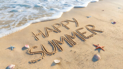 Happy Summer message written in sand on beach with waves