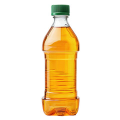 Clear bottle of orange drink on a plain background isolated on png transparent background, cut out