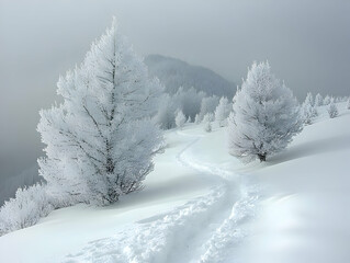 Obraz premium Winter Wonderland: Frosty Trees & Snowy Path in Mountain Serenity