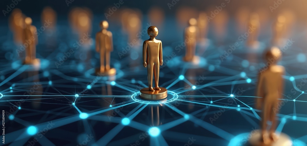 Poster Conceptual 3D render of golden human figures connected by lines on digital network. Represents social, business connections. Interconnectedness, networking, teamwork, partnership, collaboration,