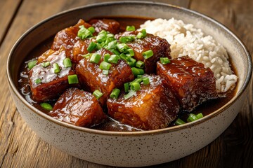 A savory bowl featuring braised pork belly with a rich sauce, complemented by fluffy white rice and garnished with fresh green onions for a delicious meal.