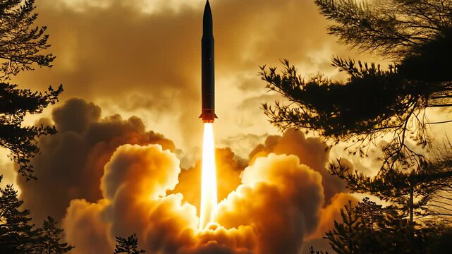 Missile launch captured during early morning test in a forested area