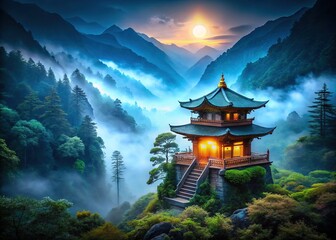 Obraz premium Mystical Moonlight Shrine in Misty Forest Valley