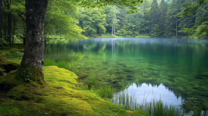 Obraz premium Cartoon vector summer forest landscape with lake. Little pond with blue clear water, shore with green grass, trees with moss and bushes. Spring panoramic nature scene of woodland with reservoir.