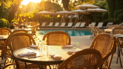 Elegant Outdoor Dining Set by Poolside at Sunset in Garden Setting