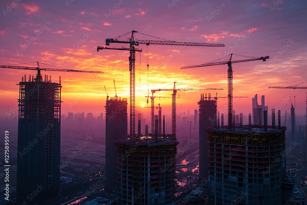 Poster a panoramic view of a city undergoing transformation with cranes in the skyline.