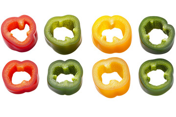 A set of colorful bell peppers, sliced into rings, isolated on a transparent background