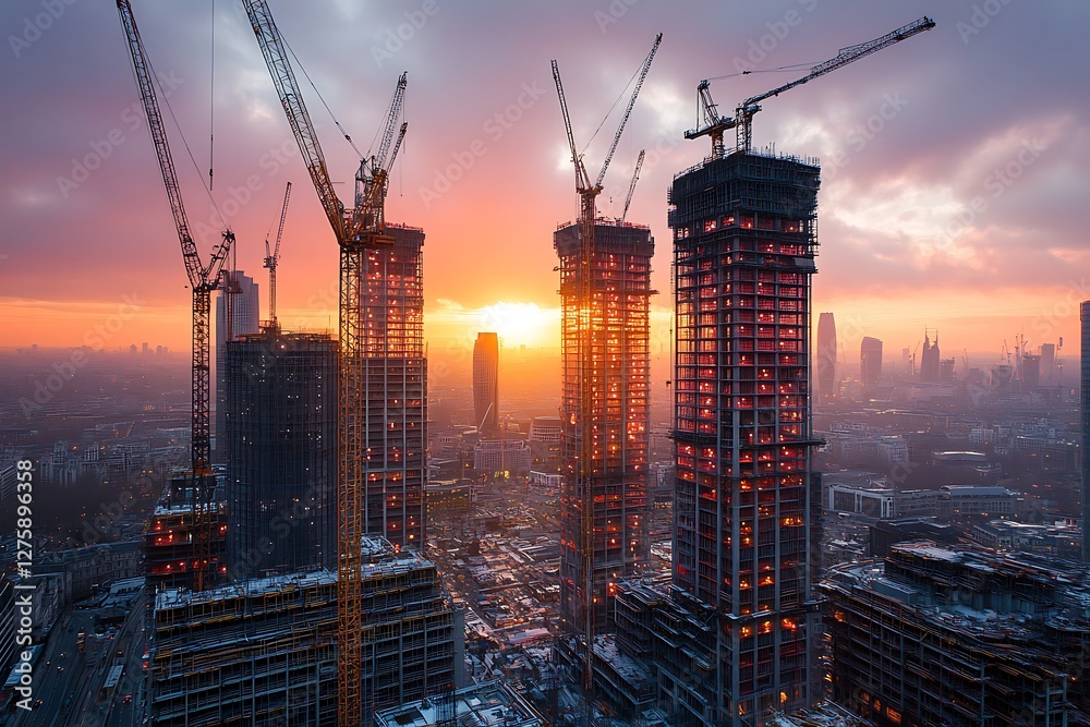 Poster panoramic view of a city undergoing transformation with cranes in the skyline.