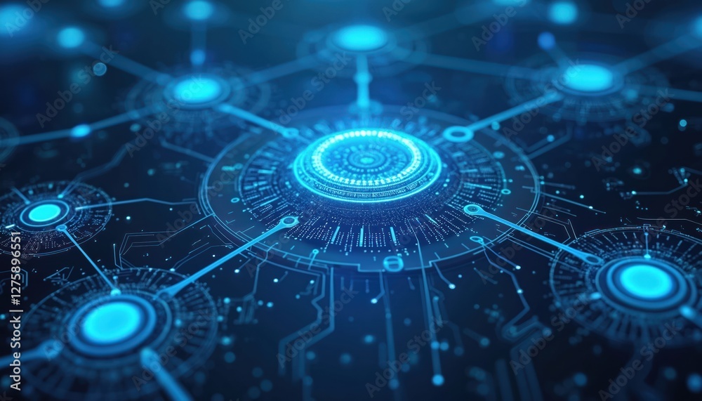 Poster Digital illustration of network with connected nodes, glowing lines. Software-defined networking, data communication concepts. Futuristic cyberspace design with virtualization, automation, security