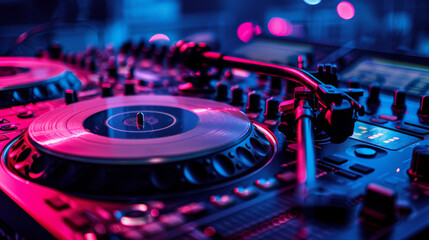 Obraz premium DJ Turntables with Glowing LED Lights in a Club