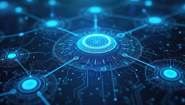 Digital illustration of network with connected nodes, glowing lines. Software-defined networking, data communication concepts. Futuristic cyberspace design with virtualization, automation, security