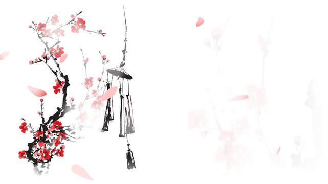 A Chinese bell sways in the wind against the background of a sakura branch and falling petals. Animation in the style of Japanese painting.