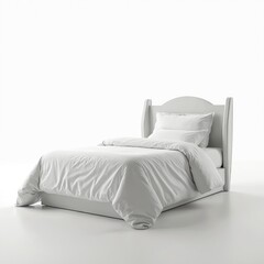 Obraz premium Modern single bed with white bedding isolated on white background. Bed includes mattress, blanket, pillows, sheets. Interior object for hotel, home, apartment. Minimalist room design.