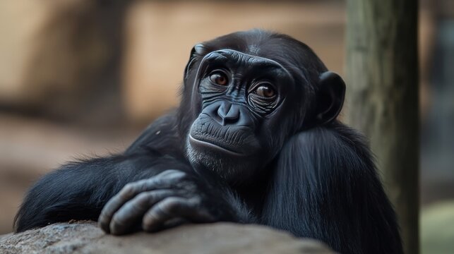 A pensive chimpanzee rests, gazing thoughtfully into the distance. Its dark fur contrasts beautifully with the muted background.