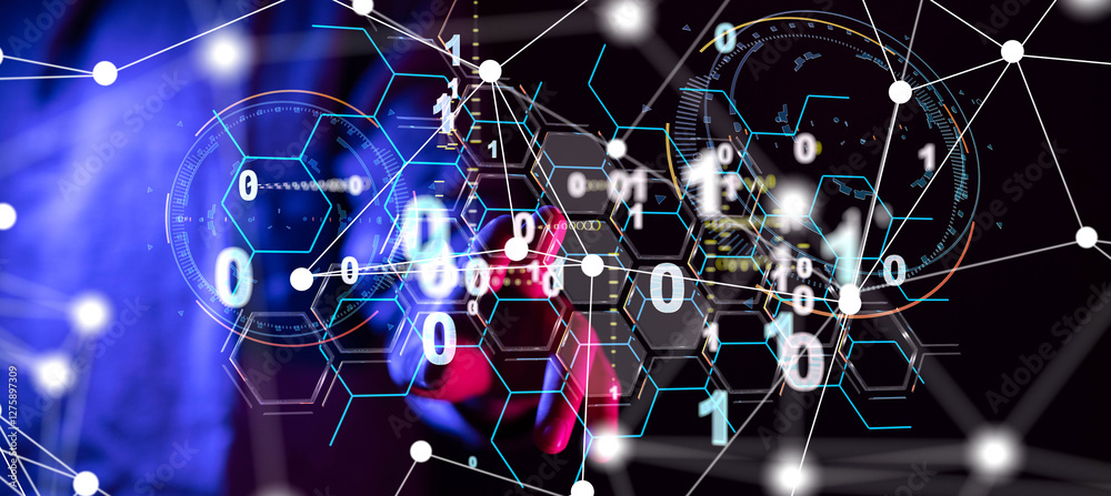 Poster Neural network 3D illustration. Big data and cybersecurity