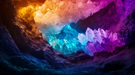 Immerse yourself in this stunning cave filled with vibrant crystals and colorful lights. Explore the enchanting beauty found in nature. Generative AI