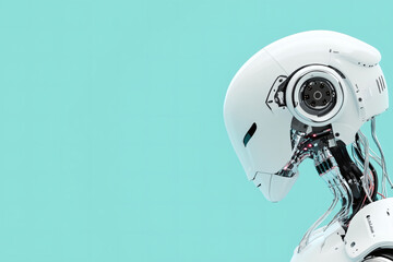 Robot headshot against aqua backdrop