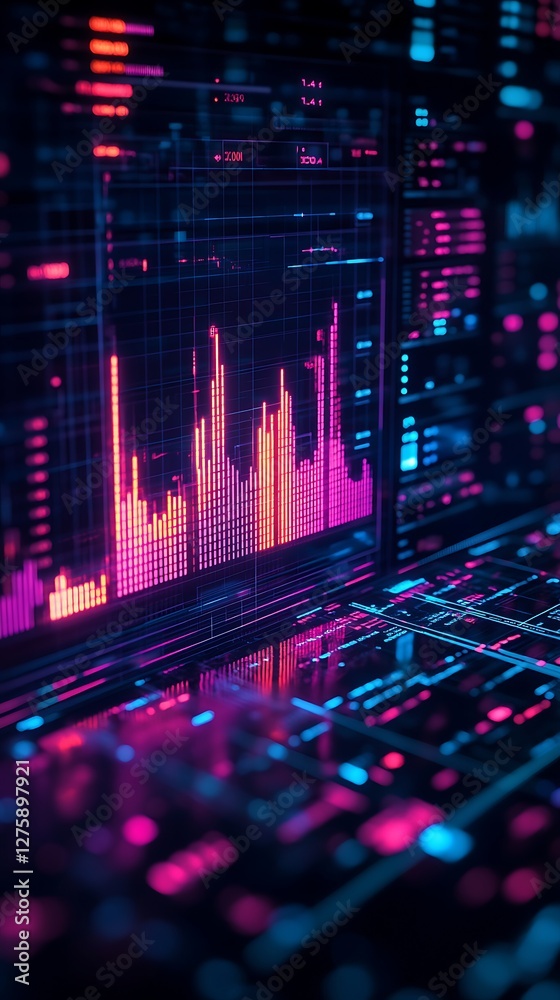 Poster Business analytics dashboard with neon-lit design for financial insights and data visualization.