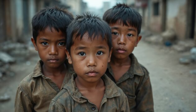 Three underprivileged kids stand together on the street with a sad look. Image evokes feelings about the problems of poverty. Kids demonstrates strength and resilience amidst hardship.