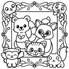 Fototapeta premium A Whimsical Gathering: A charming illustration featuring adorable cartoon animals, rendered in a delicate line art style, invites creative coloring. capturing the charm of the animal world.