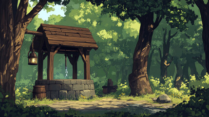 Cartoon medieval well with roof in deep forest game background. Summer scene illustration in trees with fount of drinking water. Outside fairytale landscape with bucket and vintage lantern.