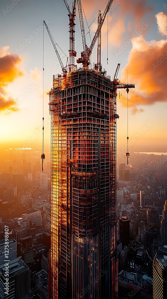 Poster a modern skyscraper under construction, showcasing multiple cranes and urban development.