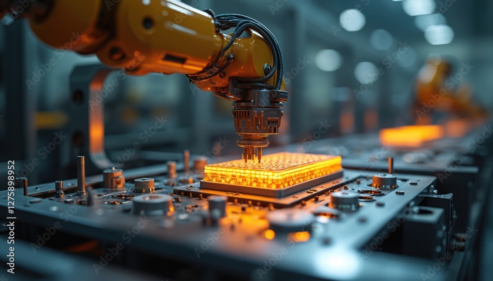 Poster Illustration shows quality control process in battery production. Robotic arm precisely testing illuminated cell on assembly line in hi-tech advanced manufacturing plant.