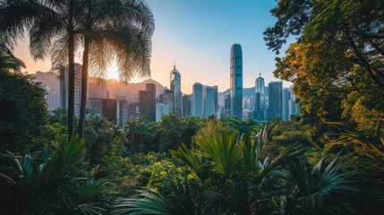 Lush tropical foliage frames a Hong Kong cityscape at sunset. Ideal for illustrating urban nature, environmental harmony, or city travel.