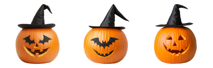Whimsical Halloween Pumpkins with Witch Hats Isolated on transparent background