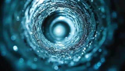 Inside water pipe swirling with blue fluid and droplets. Streamlined flow tunnel with light reflections, water hydratation, clean aqua motion, plumbing and engineering tech.