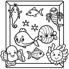 Underwater Coloring Book: A delightful coloring book page featuring an array of charming sea creatures, ready for artistic expression and creativity.