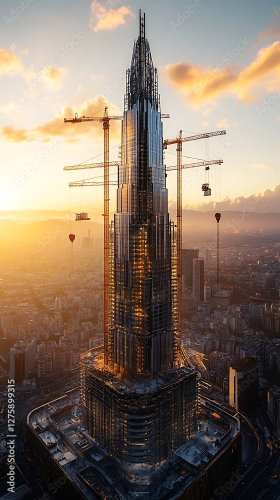 Poster a modern skyscraper under construction featuring multiple cranes in an urban environment.