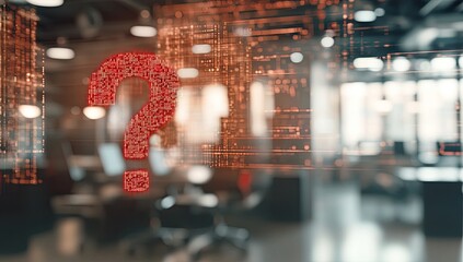 Question mark in modern office with digital code