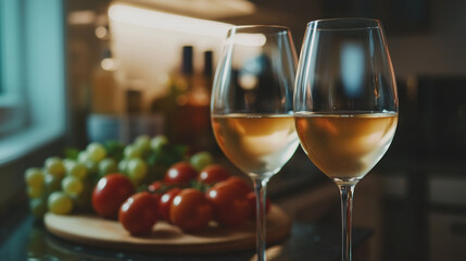 Naklejka premium Elegant White Wine Still Life with Fresh Produce for Culinary Magazine, food blog or wine tasting events