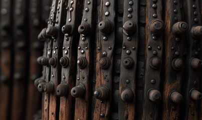 Close-up of aged wooden structure, textured details, dark background, industrial setting, suitable for design