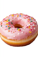A pink frosted doughnut with sprinkles on top. The doughnut is sitting on a white background