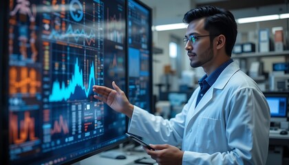 Scientist Analyzing Data on Large Monitors in Modern Laboratory