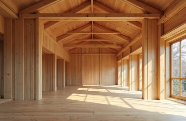Fototapeta premium Wooden roof structure with timber frame, rafters made of wood. Interior of house building under construction with natural light from windows. Glued laminated lumber ceiling detail.